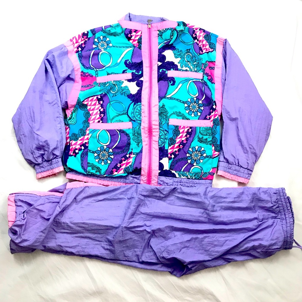 Vtg Active Stuff Size M Floral Track Suit Full Zip Jacket & Pants Purple Pink